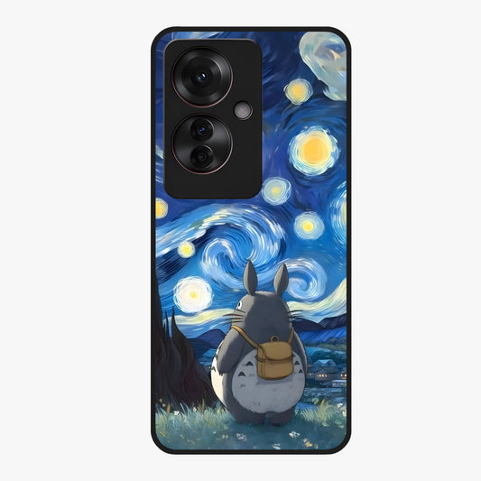 Totoro In Van Gogh Art Glass Case showing flat back view with whimsical character artwork inspired by Van Gogh style and glossy glass finish.