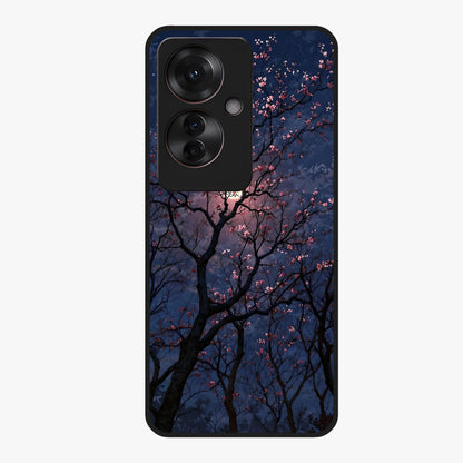 Twilight Sakura Serenade Glass Case showing flat back view with cherry blossom artwork at twilight and glossy glass finish.