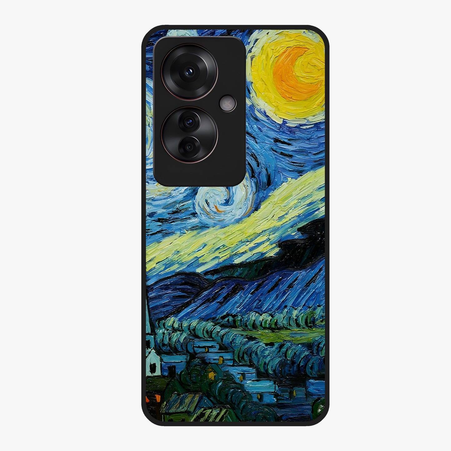 Van Gogh Art Glass Case showing flat back view with classic painterly artwork inspired by Van Gogh style and glossy glass finish.