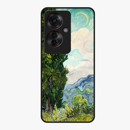 Van Gogh Vintage Art Glass Case showing flat back view with vintage painterly artwork inspired by Van Gogh style and glossy glass finish.