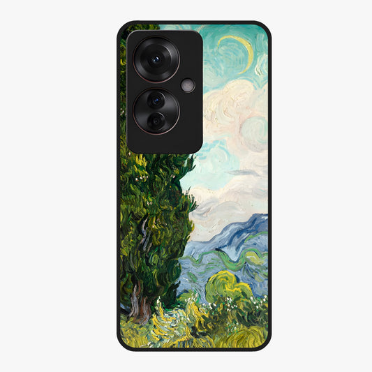 Van Gogh Vintage Art Glass Case showing flat back view with vintage painterly artwork inspired by Van Gogh style and glossy glass finish.