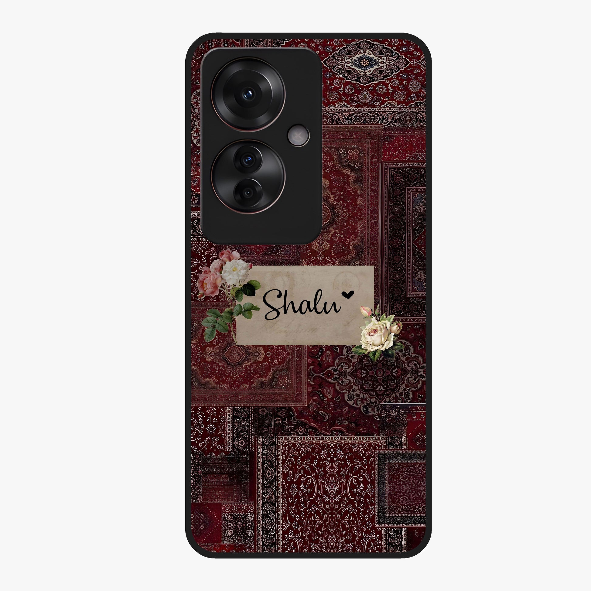 Velvet Wine Pattern Custom Name Glass Case showing flat back view with elegant wine colored pattern artwork and personalized name design.
