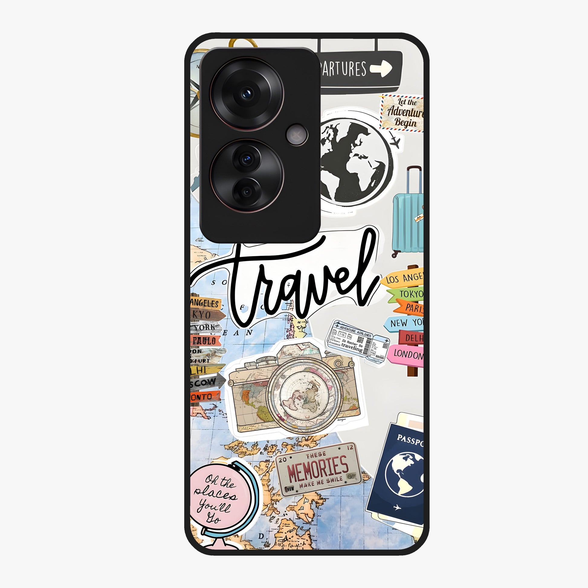 Wanderlust Journal Glass Case showing flat back view with travel inspired artwork and glossy glass finish.