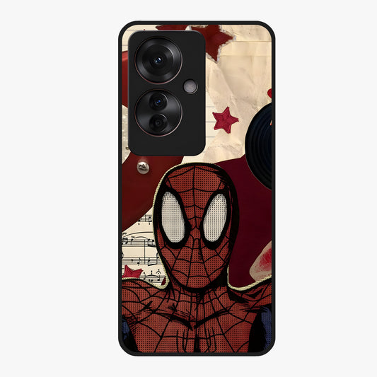 Web Warrior Vibes Glass Case showing flat back view with superhero inspired web themed artwork and glossy glass finish.