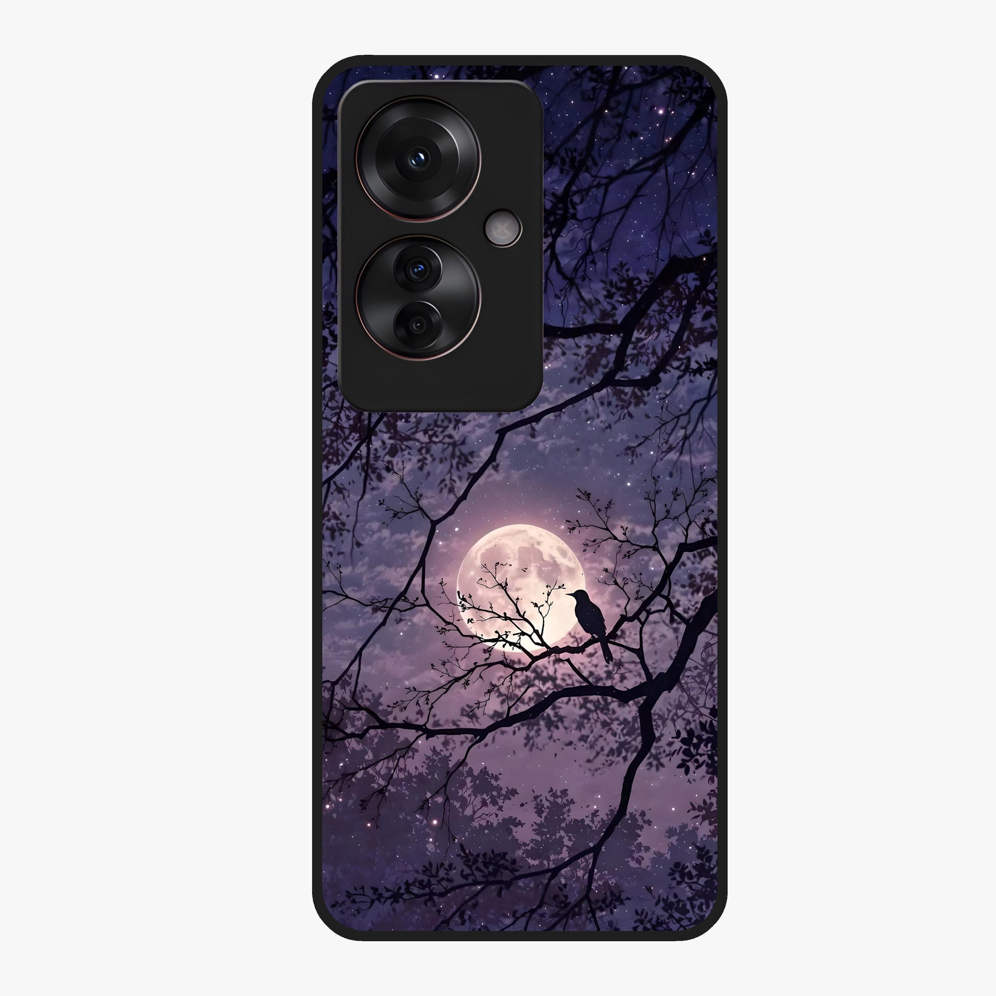 Whispering Moon Silence Glass Case showing flat back view with serene moon themed artwork and glossy glass finish.