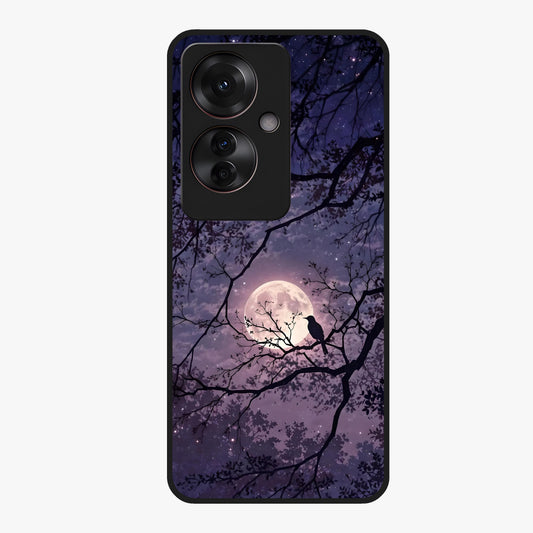 Whispering Moon Silence Glass Case showing flat back view with serene moon themed artwork and glossy glass finish.