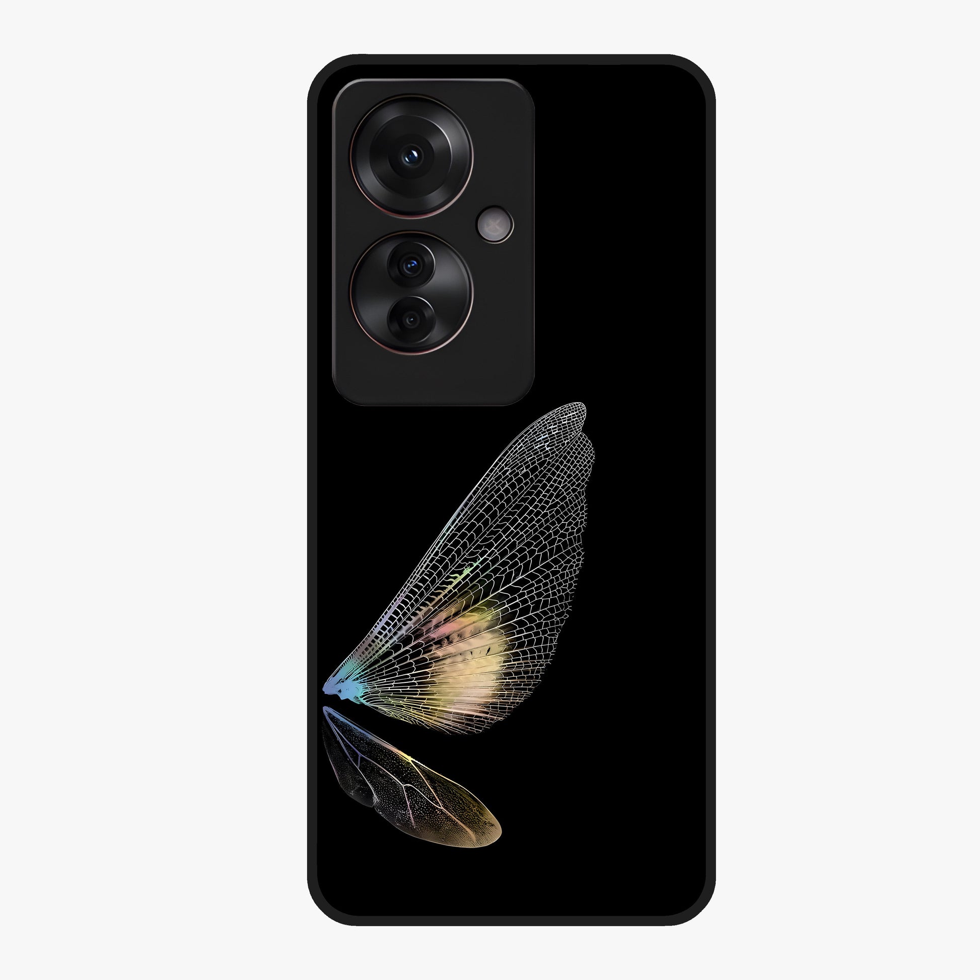 Whispers Of Wings Glass Case showing flat back view with graceful wing inspired artwork and glossy glass finish.