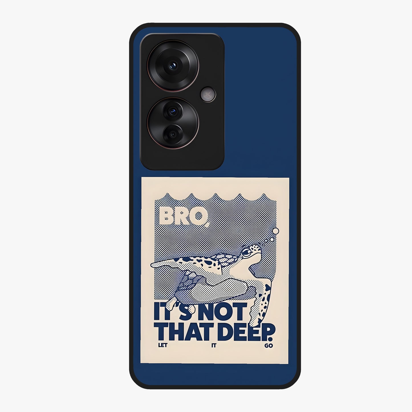Worry Less Swim Glass Case showing flat back view with playful motivational artwork and glossy glass finish.