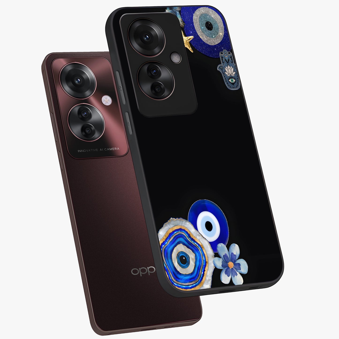 Aesthetic Blue Evil Eye Glass Case displayed in angled mockup highlighting blue evil eye symbol and spiritual aesthetic design.