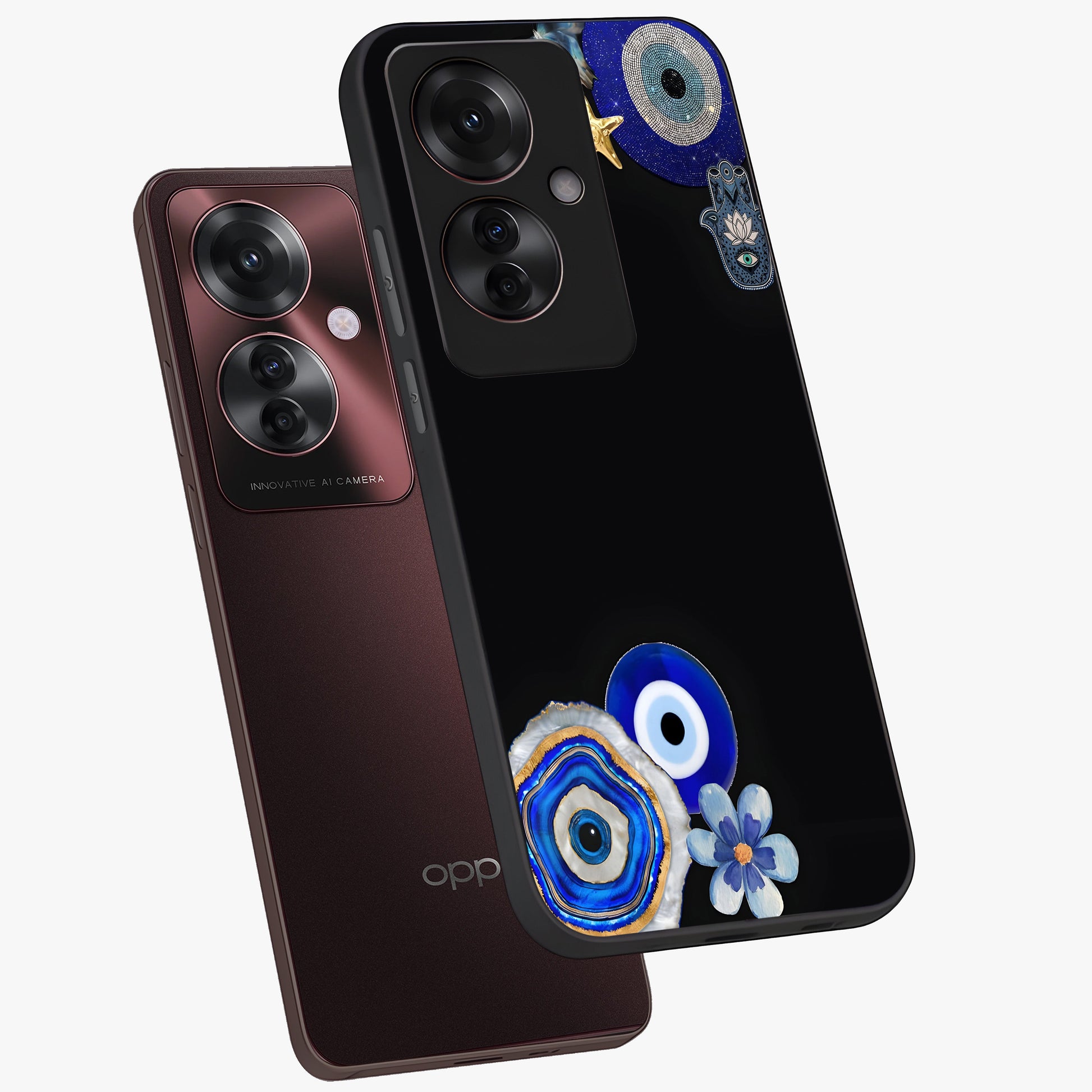 Aesthetic Blue Evil Eye Glass Case displayed in angled mockup highlighting blue evil eye symbol and spiritual aesthetic design.