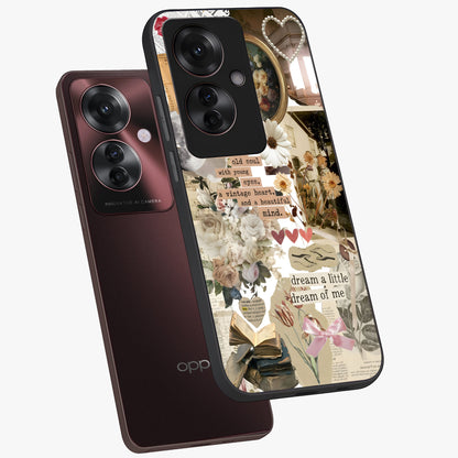 Aesthetic Brown Vintage Collage Glass Case displayed in angled mockup highlighting vintage aesthetic collage design.