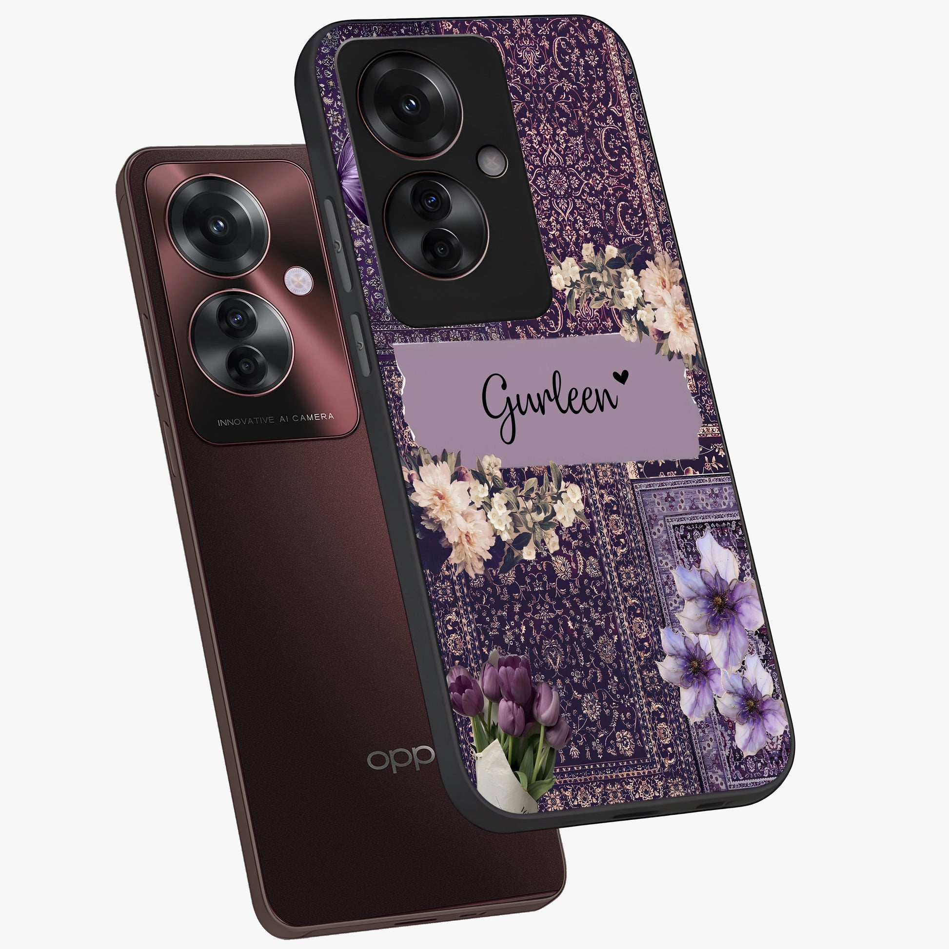 Antique Floral Whisper Custom Name Glass Case displayed in angled mockup highlighting elegant antique floral aesthetic.