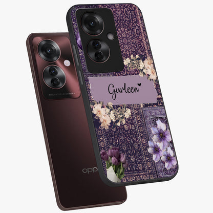 Antique Floral Whisper Custom Name Glass Case displayed in angled mockup highlighting elegant antique floral aesthetic.