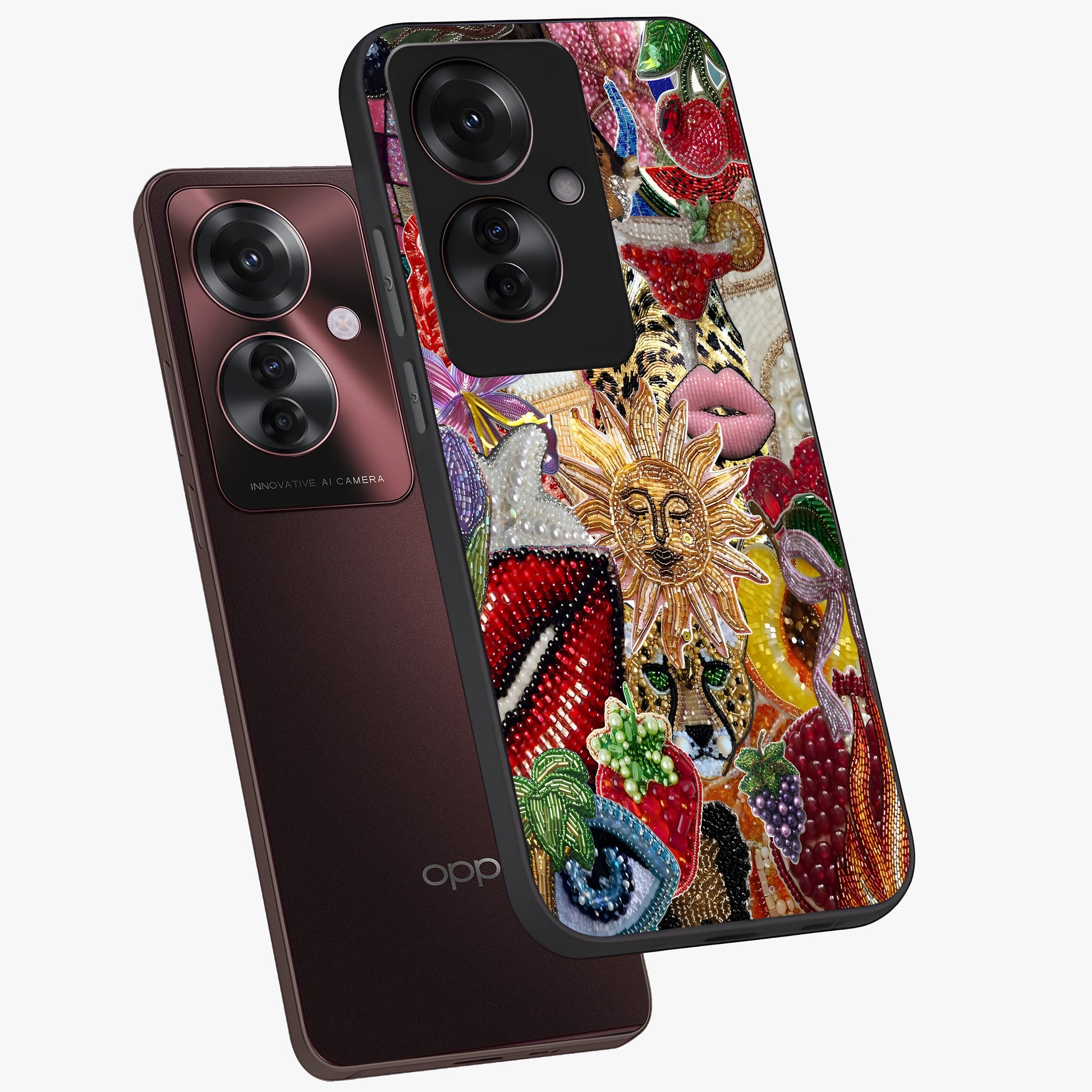 Beaded Fashion Jungle Glass Case displayed in angled mockup highlighting colorful fashion bead design and artistic pattern.