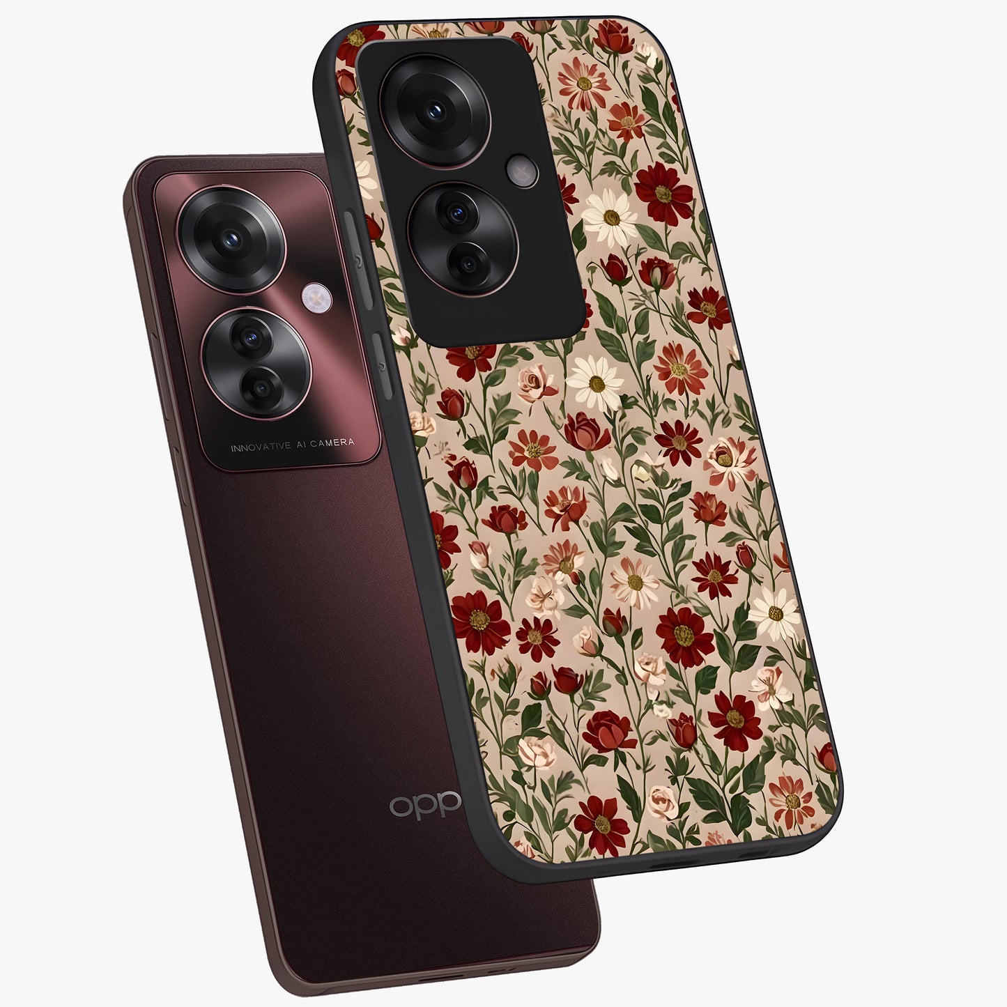 Biege Flower With Leaf Glass Case displayed in angled mockup highlighting minimal floral leaf design and elegant aesthetic.