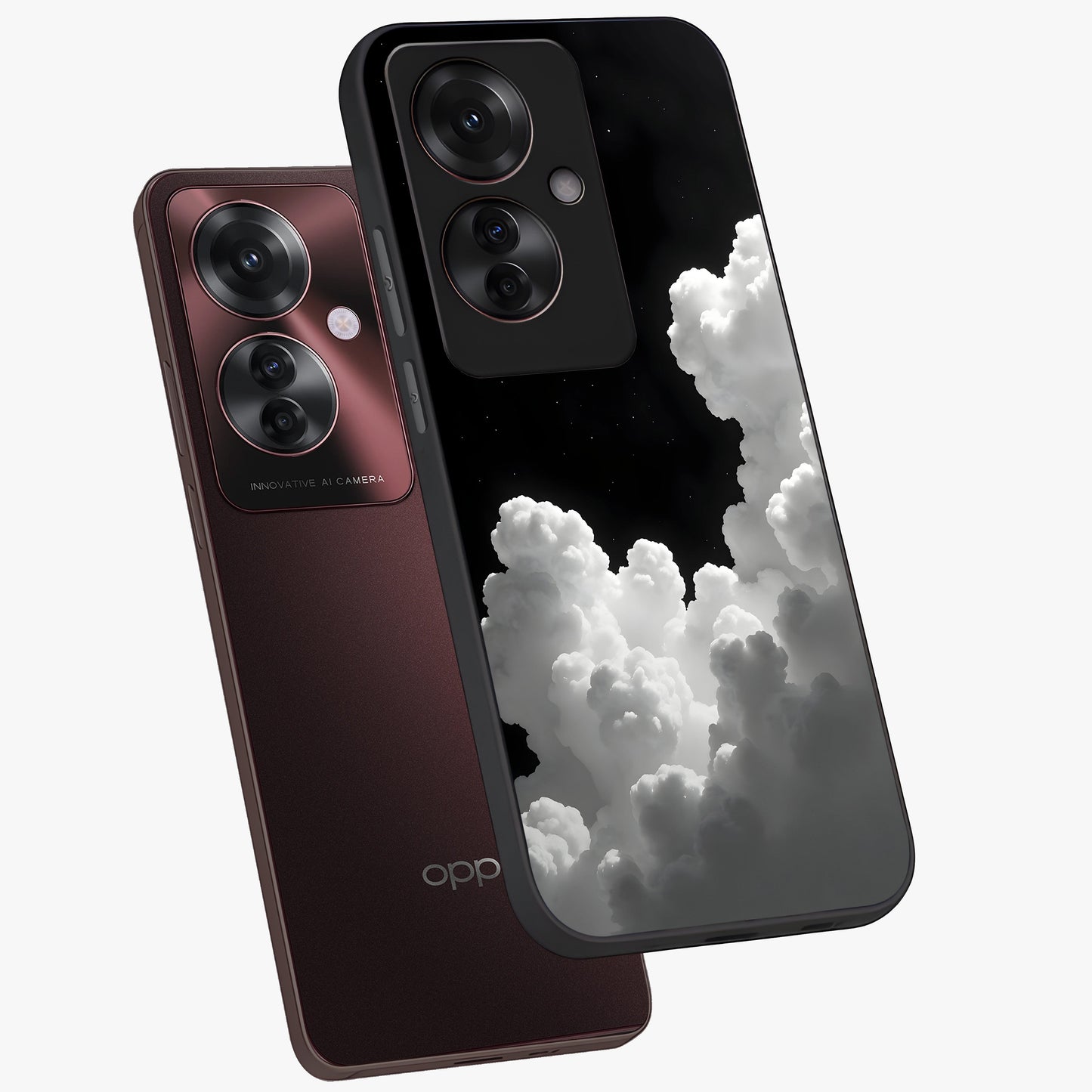 Black Background With White Cloud Glass Case displayed in angled mockup highlighting soft white cloud illustration and minimal design.