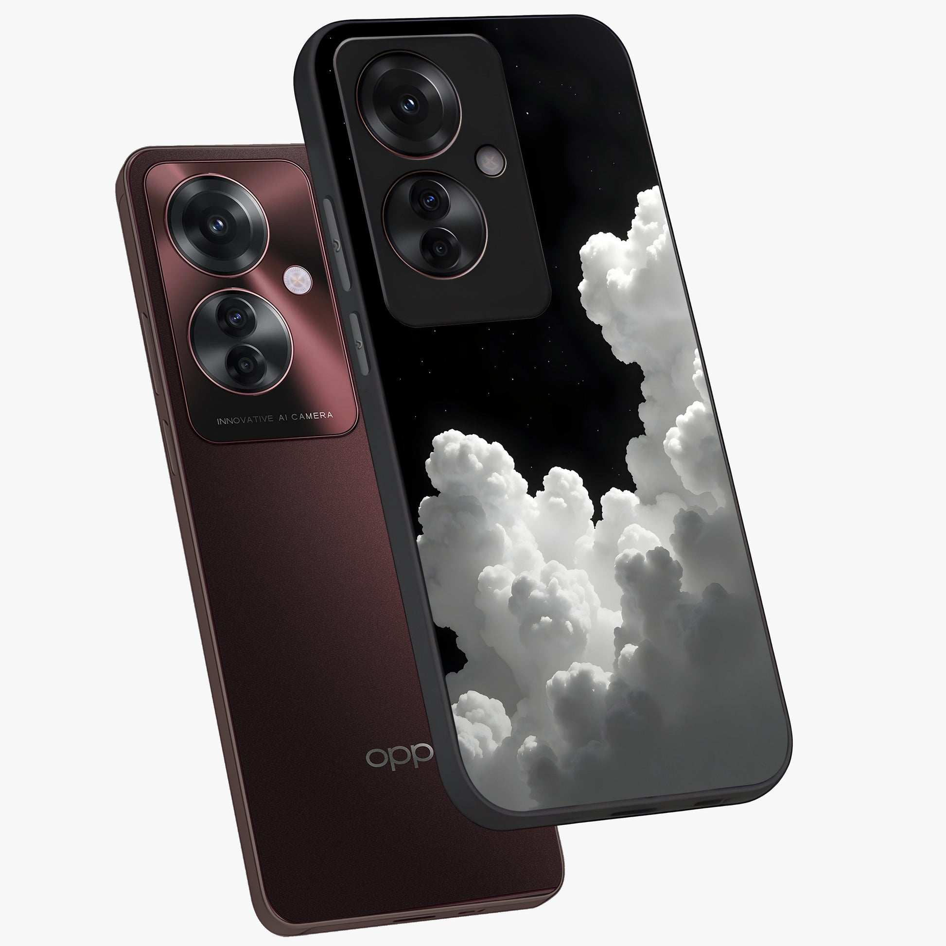 Black Background With White Cloud Glass Case displayed in angled mockup highlighting soft white cloud illustration and minimal design.