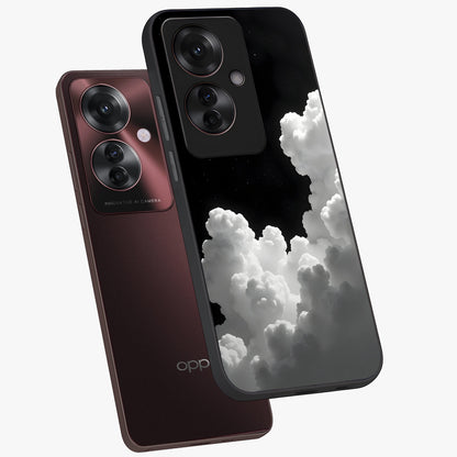 Black Background With White Cloud Glass Case displayed in angled mockup highlighting soft white cloud illustration and minimal design.