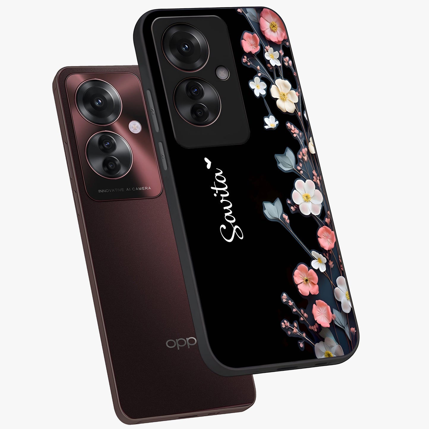 Black Elegance Floral Custom Name Glass Case displayed in angled mockup highlighting dark floral aesthetic and custom name feature.