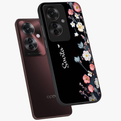 Black Elegance Floral Custom Name Glass Case displayed in angled mockup highlighting dark floral aesthetic and custom name feature.