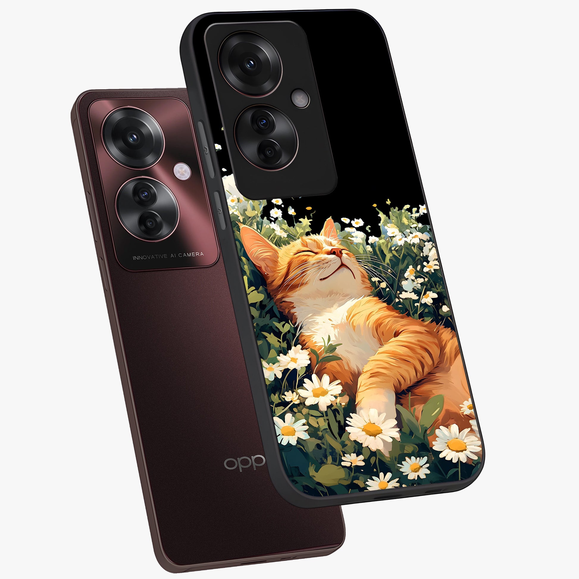 Blissful Bloom Cat Glass Case displayed in angled mockup highlighting playful feline illustration with soft floral aesthetic.