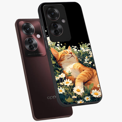 Blissful Bloom Cat Glass Case displayed in angled mockup highlighting playful feline illustration with soft floral aesthetic.
