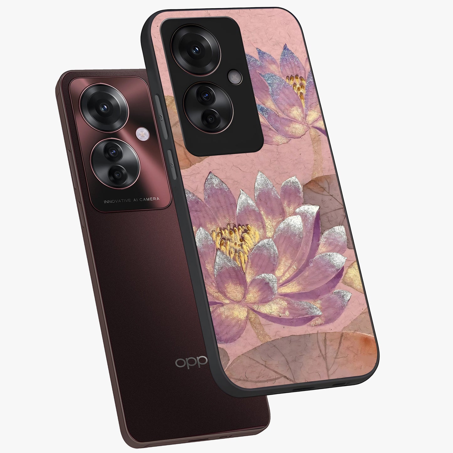 Blossom Mist Lotus Glass Case displayed in angled mockup highlighting delicate lotus illustration with calm aesthetic theme.
