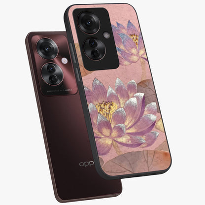 Blossom Mist Lotus Glass Case displayed in angled mockup highlighting delicate lotus illustration with calm aesthetic theme.