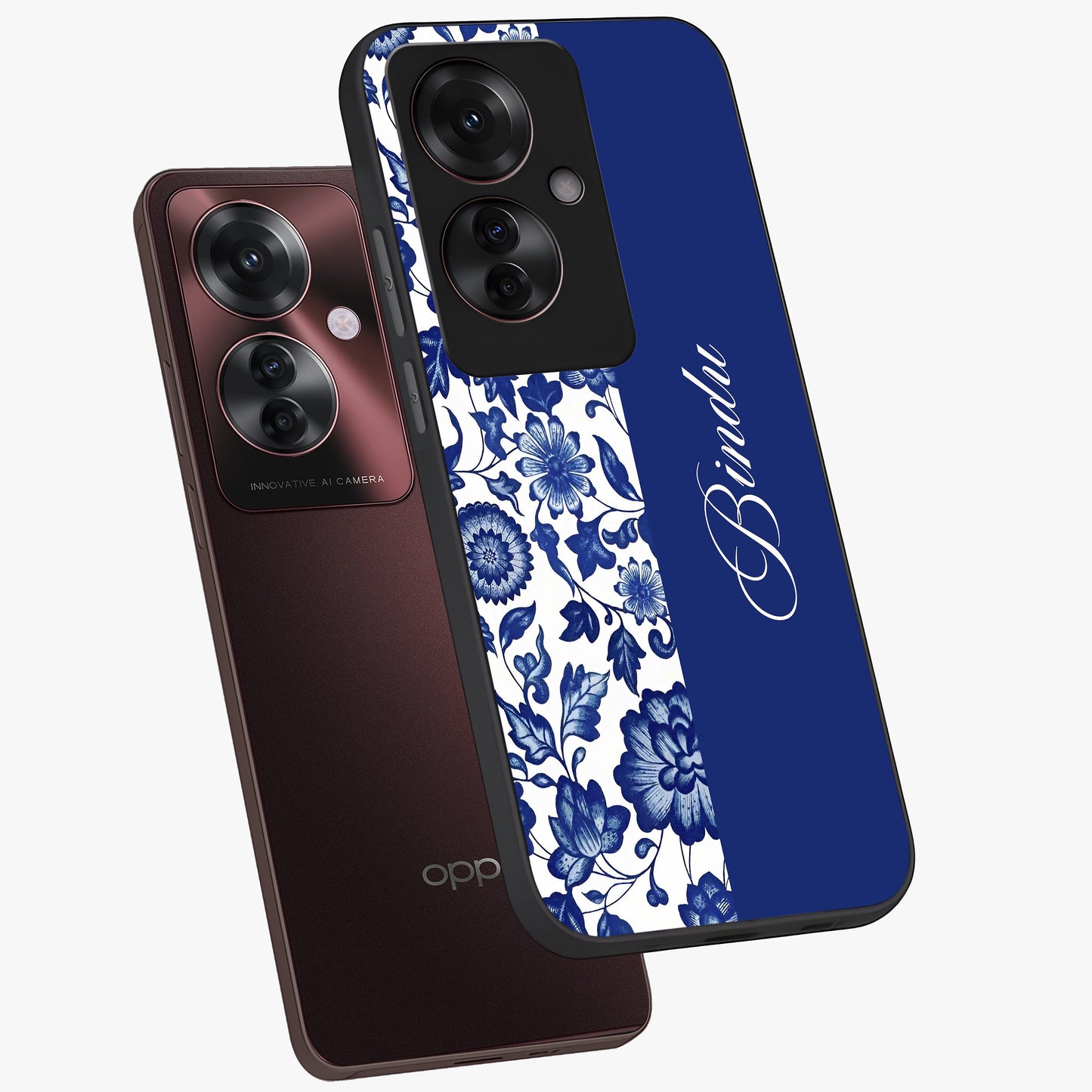 Blue Vintage Floral Pattern Glass Case displayed in angled mockup highlighting subtle bloom pattern with aesthetic pastel design.