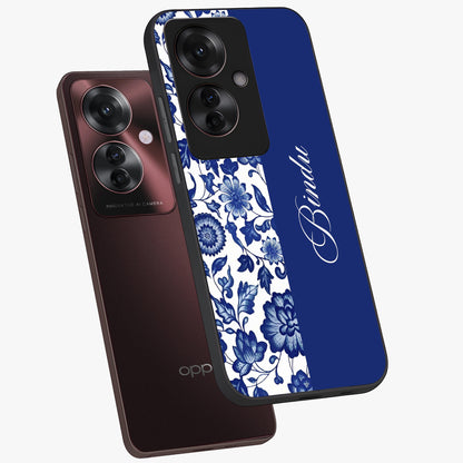 Blue Vintage Floral Pattern Glass Case displayed in angled mockup highlighting subtle bloom pattern with aesthetic pastel design.