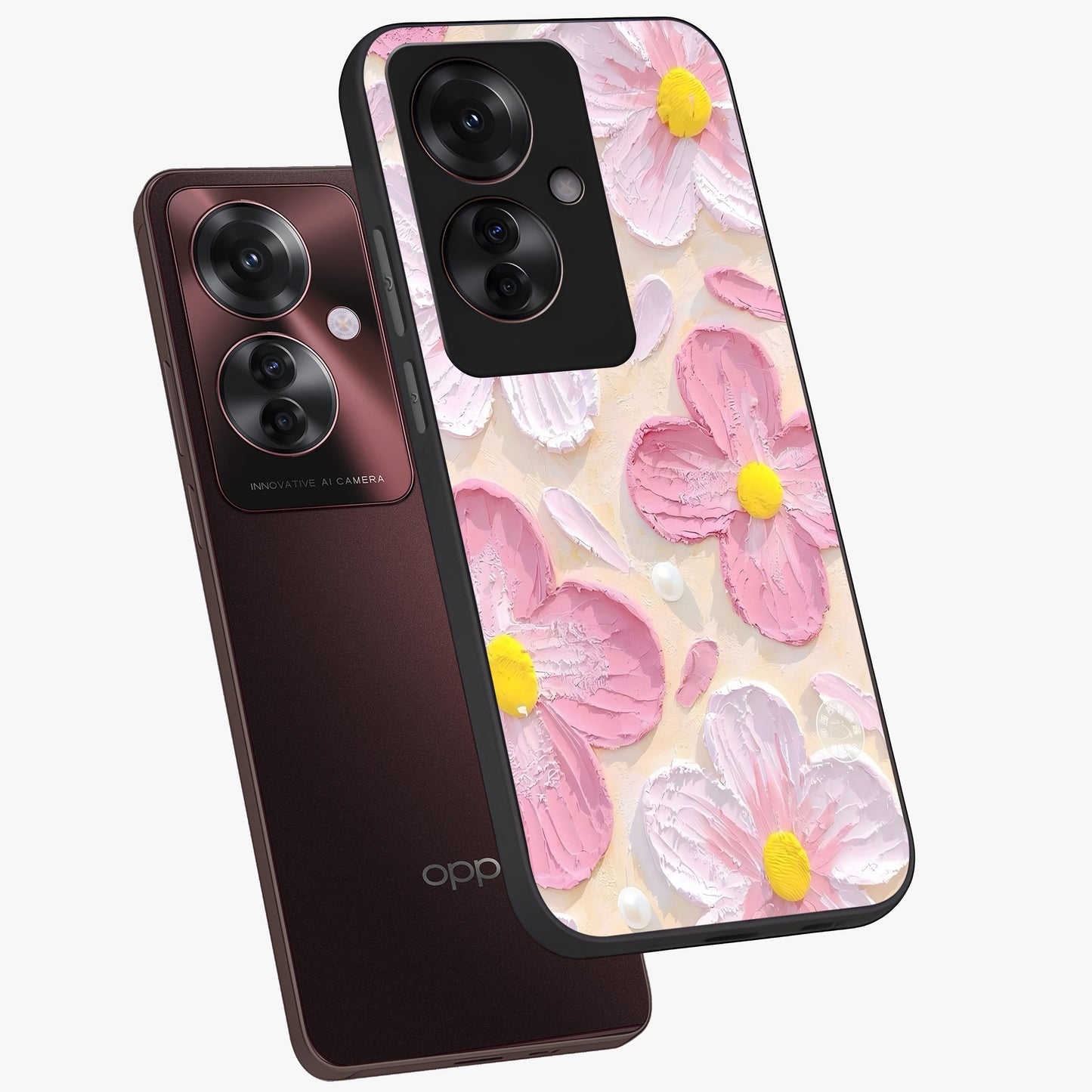 Blush Bloom Texture Glass Case displayed in angled mockup highlighting subtle bloom pattern with aesthetic pastel design.