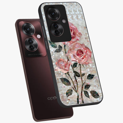 Blush Mosaic Bloom Glass Case displayed in angled mockup highlighting artistic mosaic flower pattern with aesthetic design.