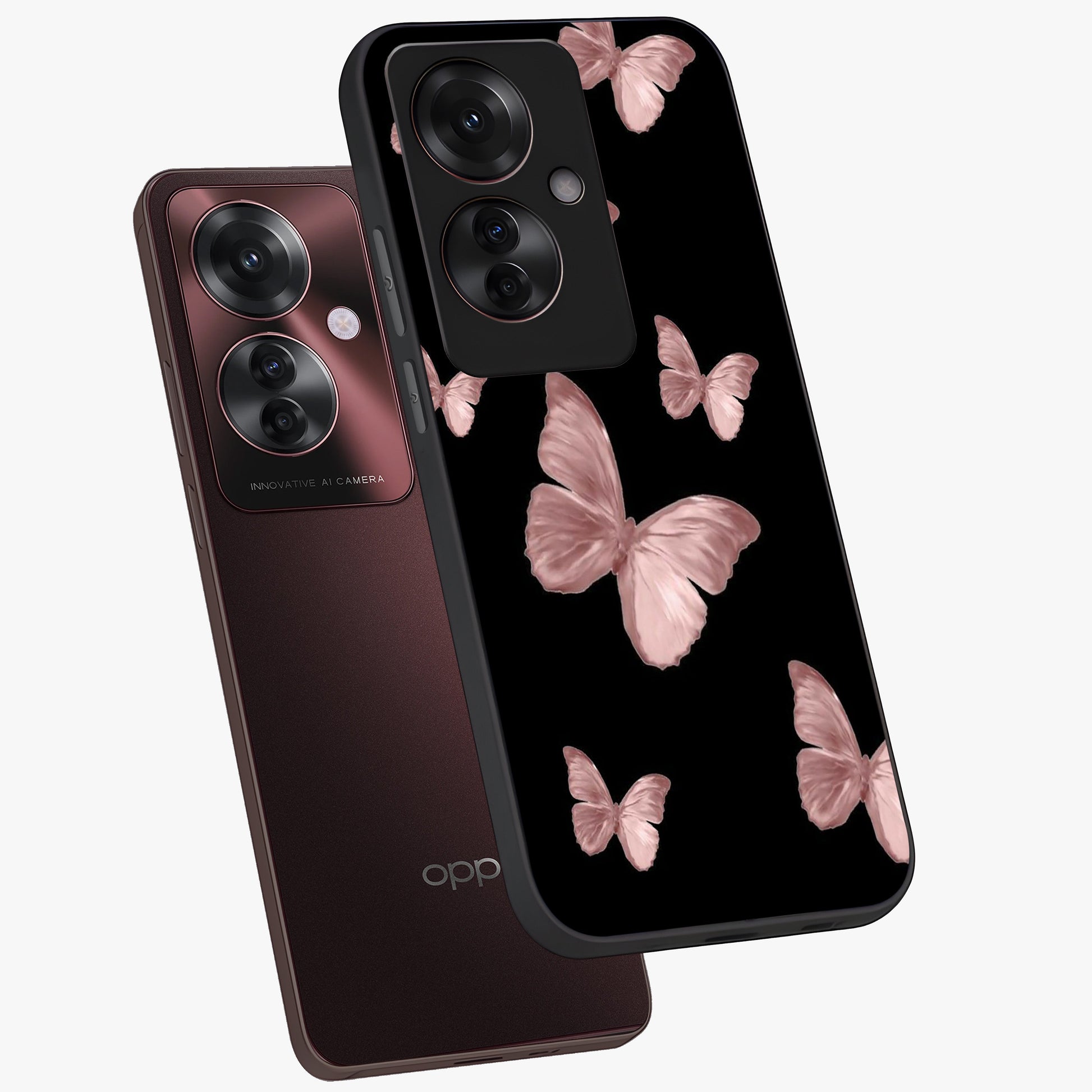 Butterfly Pattern Glass Case displayed in angled mockup highlighting delicate butterfly design and aesthetic pattern style.