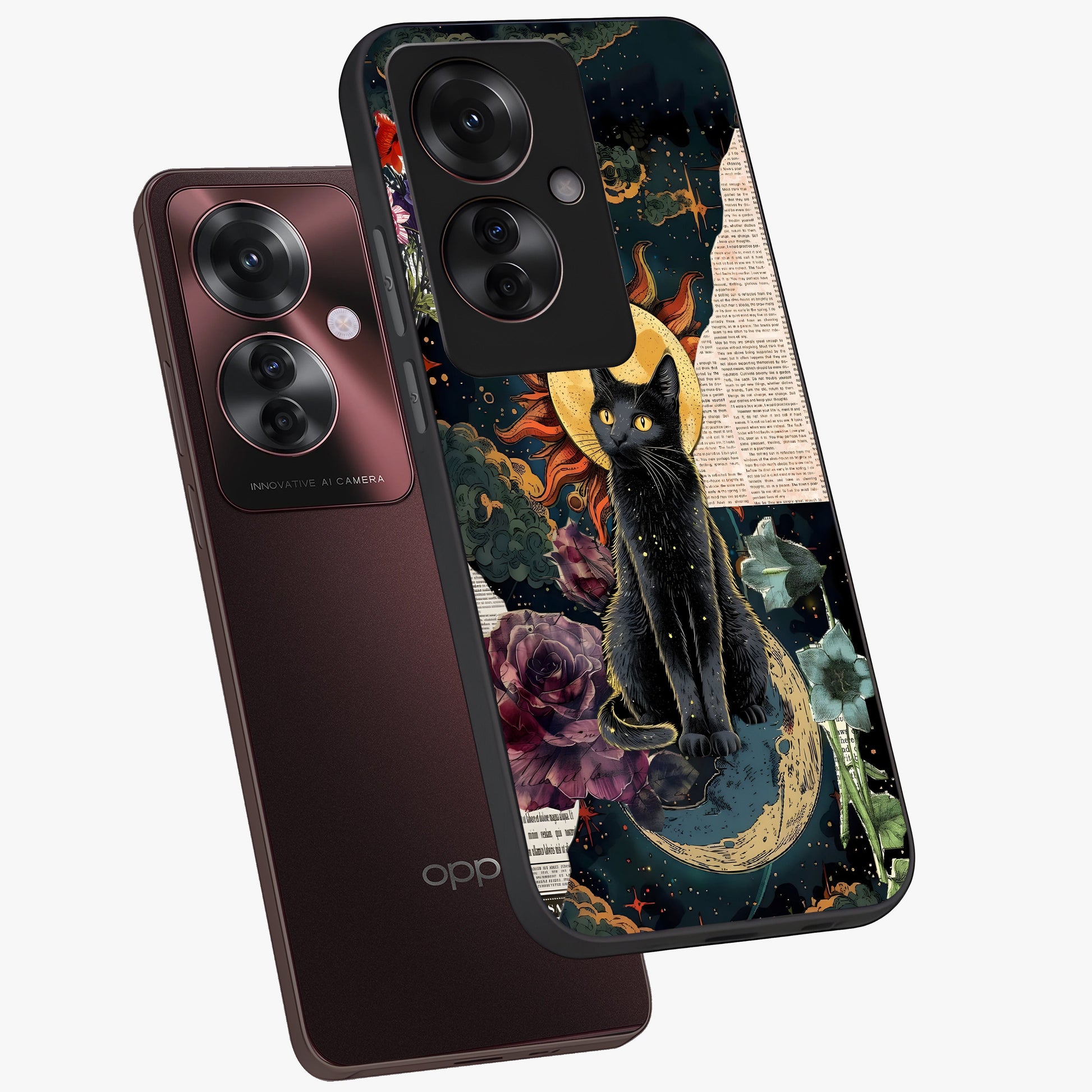 Celestial Black Cat Glass Case displayed in angled mockup highlighting cosmic black cat design with celestial aesthetic.