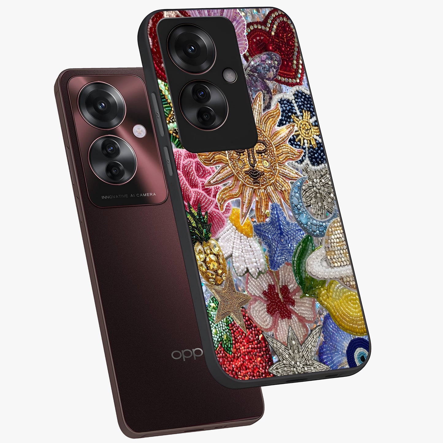 Celestial Floral and Playful Glass Case displayed in angled mockup highlighting playful floral design with dreamy celestial elements.
