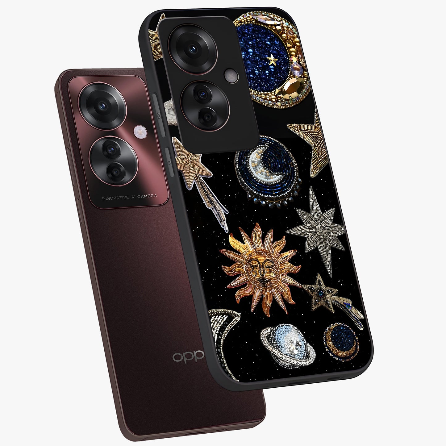 Celestial Gem Constellations Glass Case displayed in angled mockup highlighting gemstone inspired constellation design.