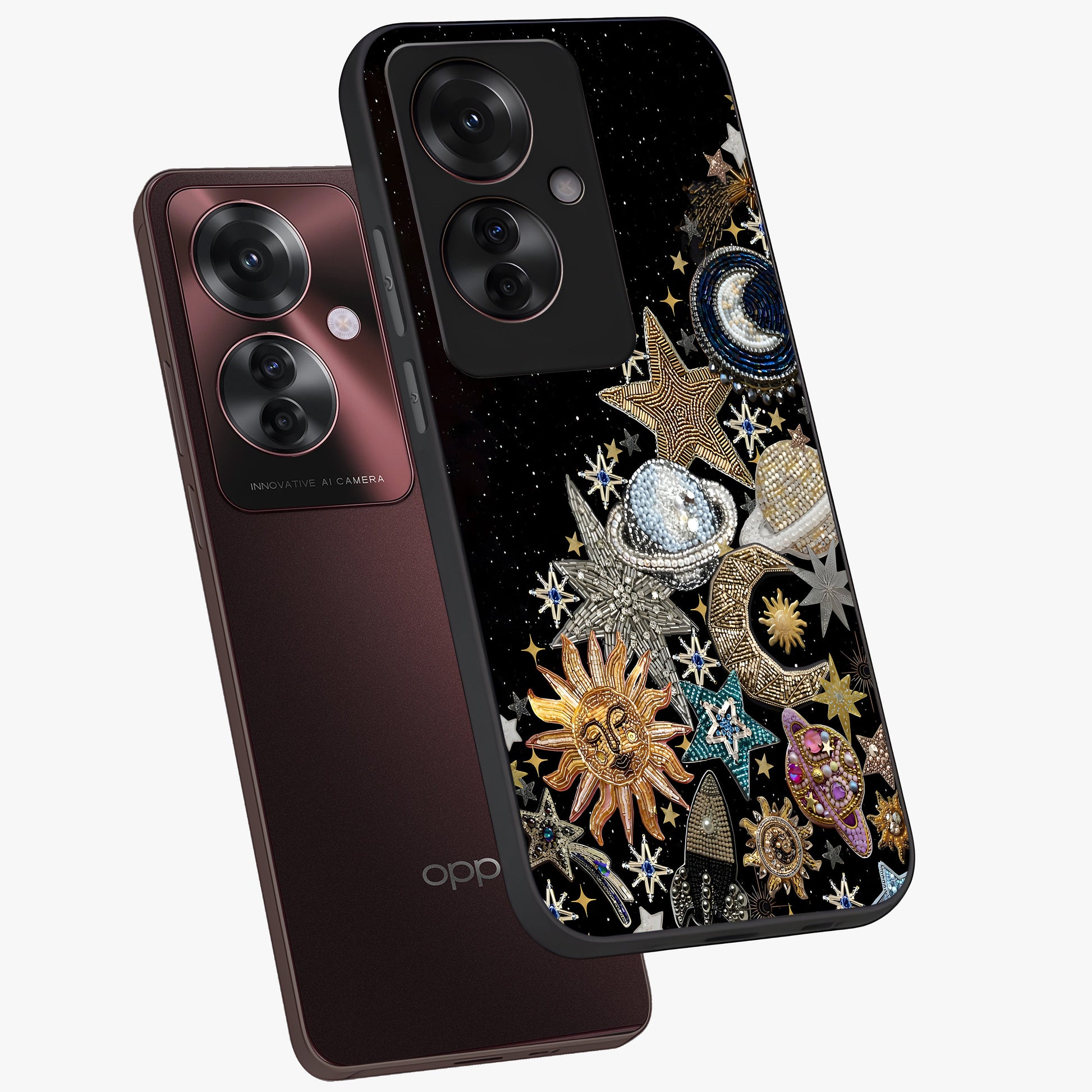 Cosmic Sparkle Dreams Glass Case displayed in angled mockup highlighting dreamy star sparkle design with celestial aesthetic.
