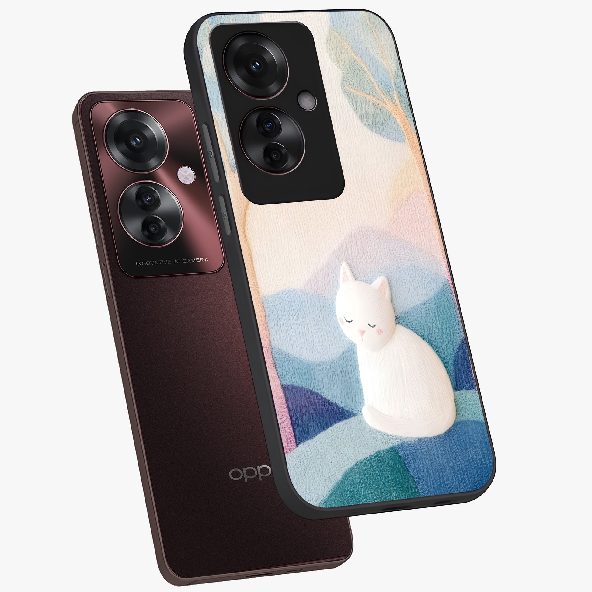 Cotton Dream Cat Glass Case displayed in angled mockup highlighting cute feline illustration with pastel aesthetic style.