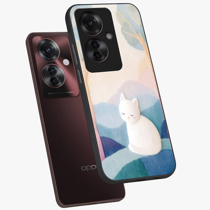 Cotton Dream Cat Glass Case displayed in angled mockup highlighting cute feline illustration with pastel aesthetic style.