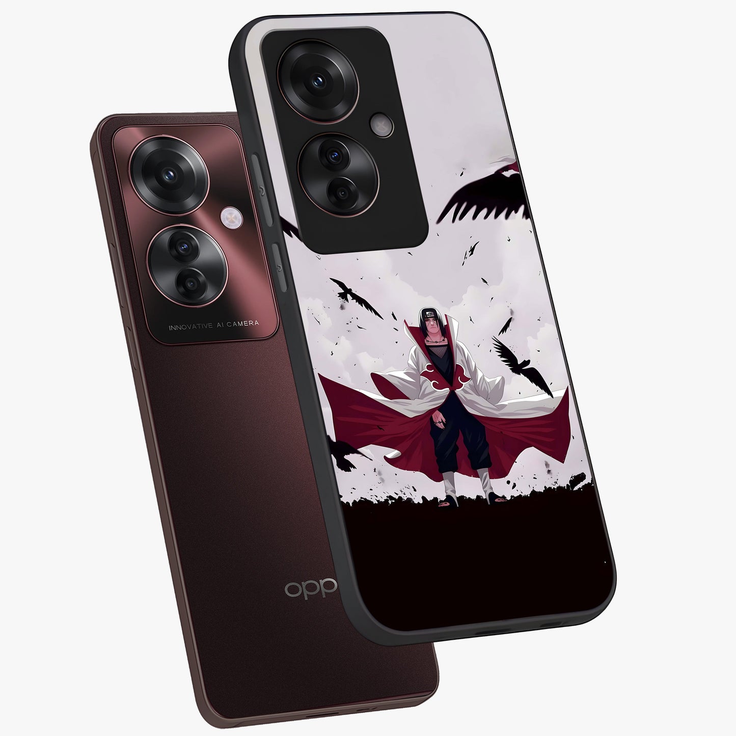 Crimson Crow Ascension Glass Case displayed in angled mockup highlighting powerful crow illustration with dark crimson aesthetic.