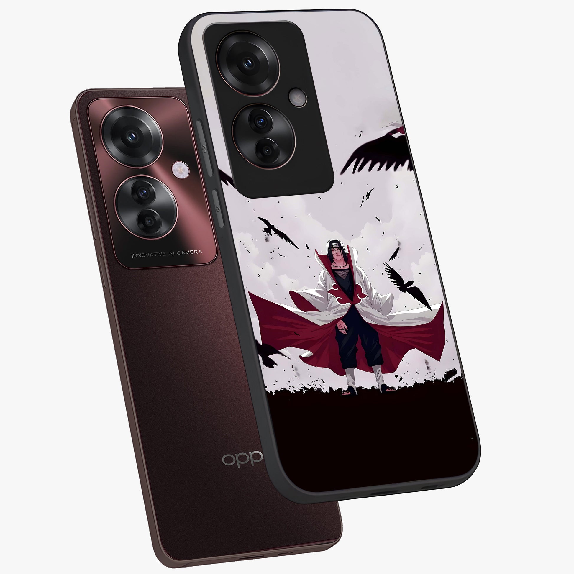 Crimson Crow Ascension Glass Case displayed in angled mockup highlighting powerful crow illustration with dark crimson aesthetic.