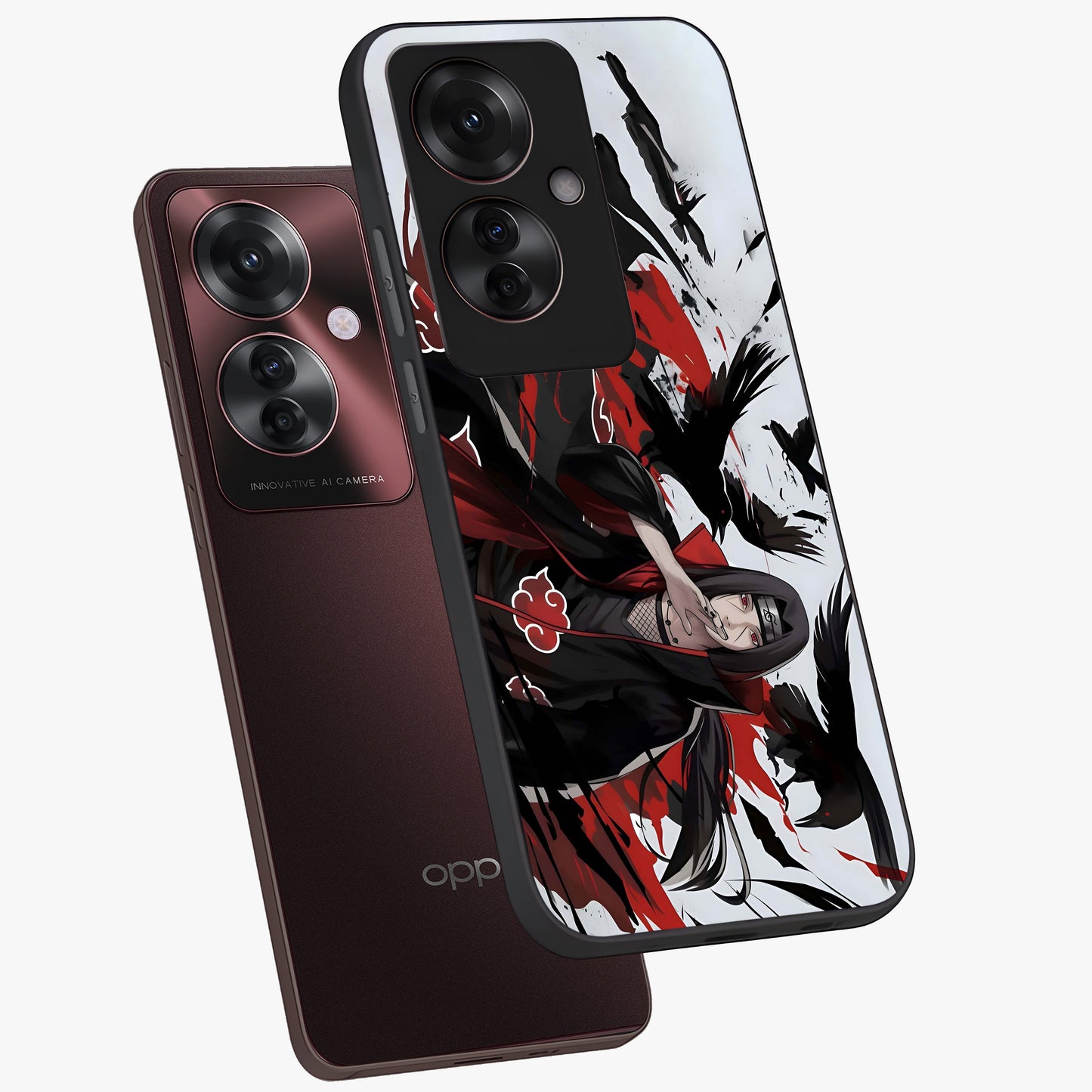 Crimson Crow Illusion Glass Case displayed in angled mockup highlighting mysterious crow graphic with dark aesthetic style.