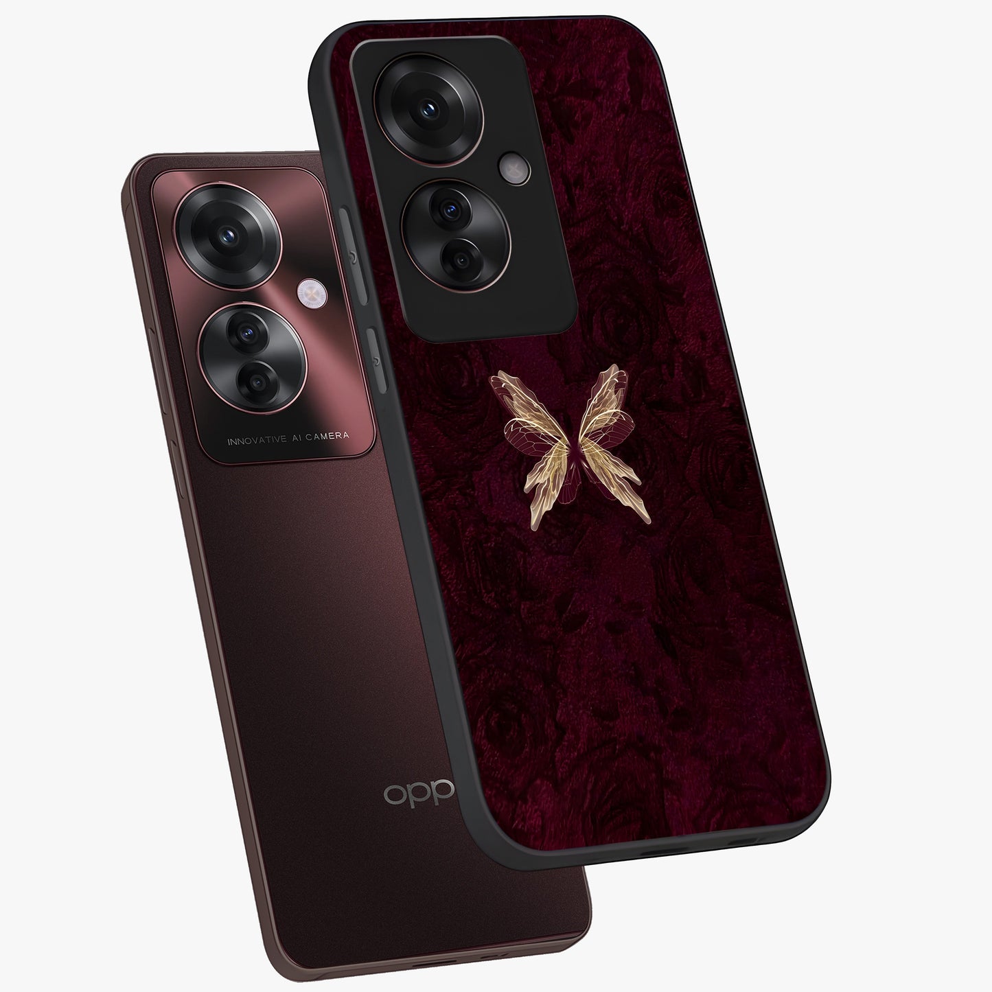 Crimson Fade Butterfly Glass Case displayed in angled mockup highlighting elegant butterfly design with crimson gradient aesthetic.