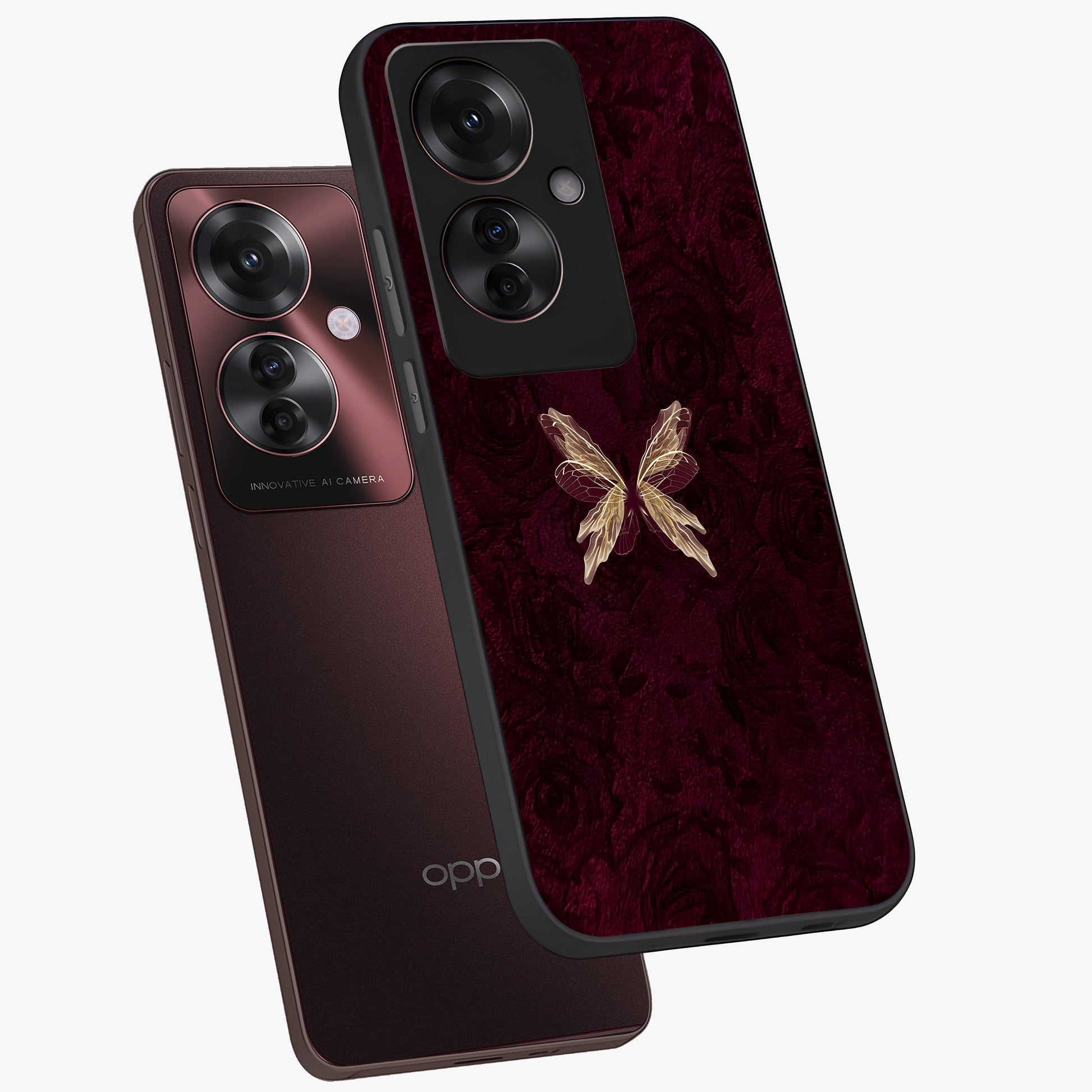 Crimson Fade Butterfly Glass Case displayed in angled mockup highlighting elegant butterfly design with crimson gradient aesthetic.
