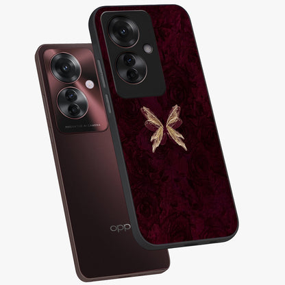 Crimson Fade Butterfly Glass Case displayed in angled mockup highlighting elegant butterfly design with crimson gradient aesthetic.