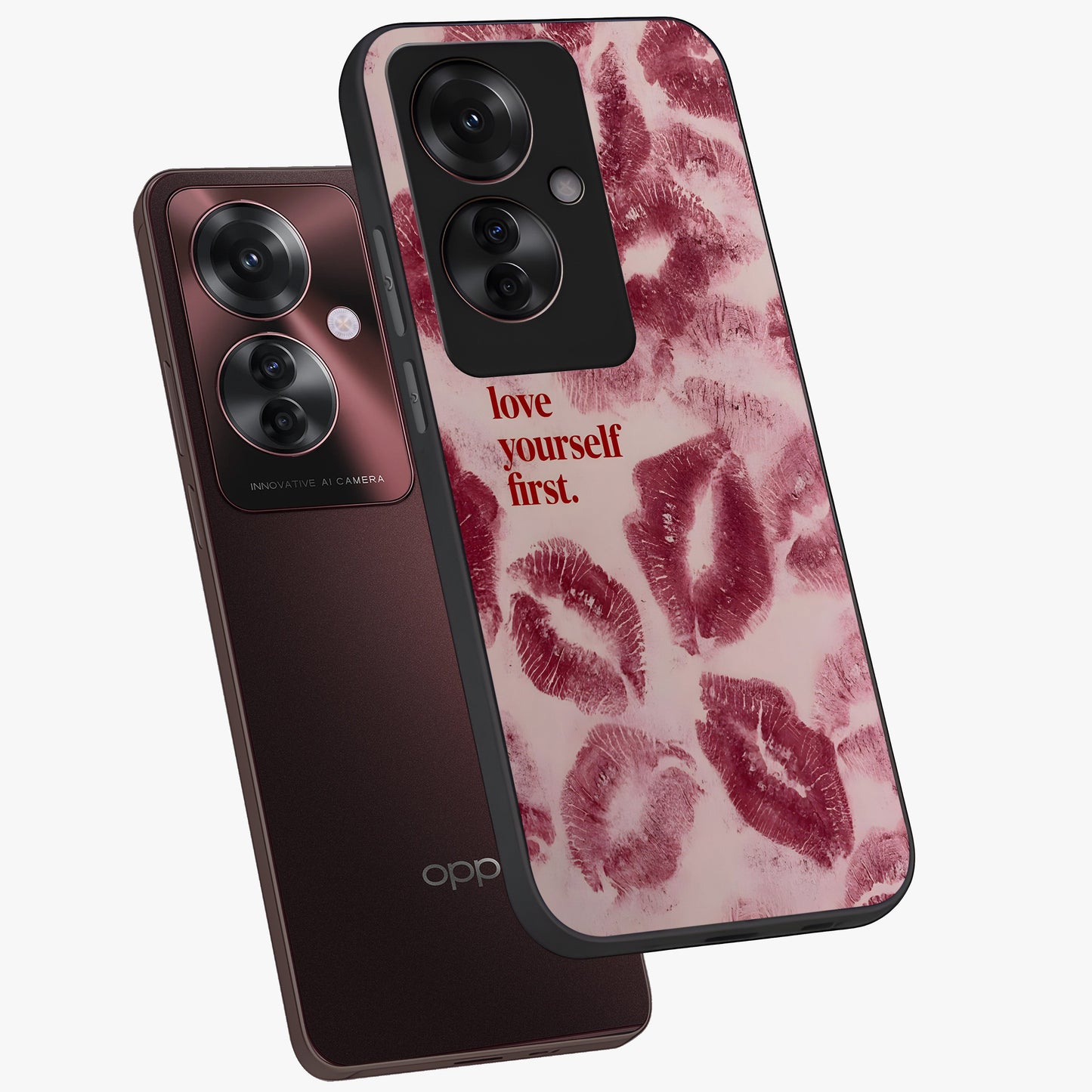 Crimson Kiss Love Glass Case displayed in angled mockup highlighting bold love inspired design with modern aesthetic style.