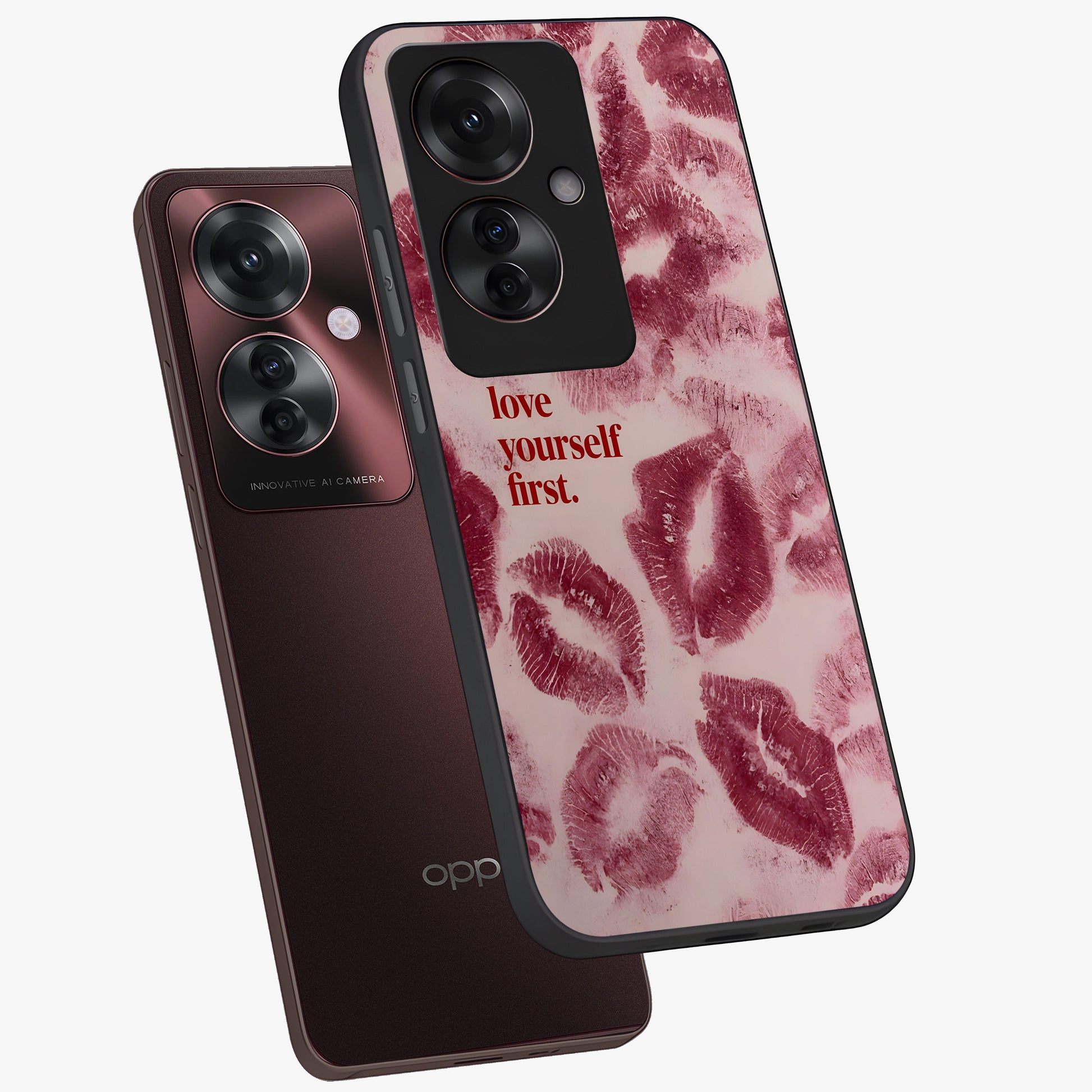 Crimson Kiss Love Glass Case displayed in angled mockup highlighting bold love inspired design with modern aesthetic style.