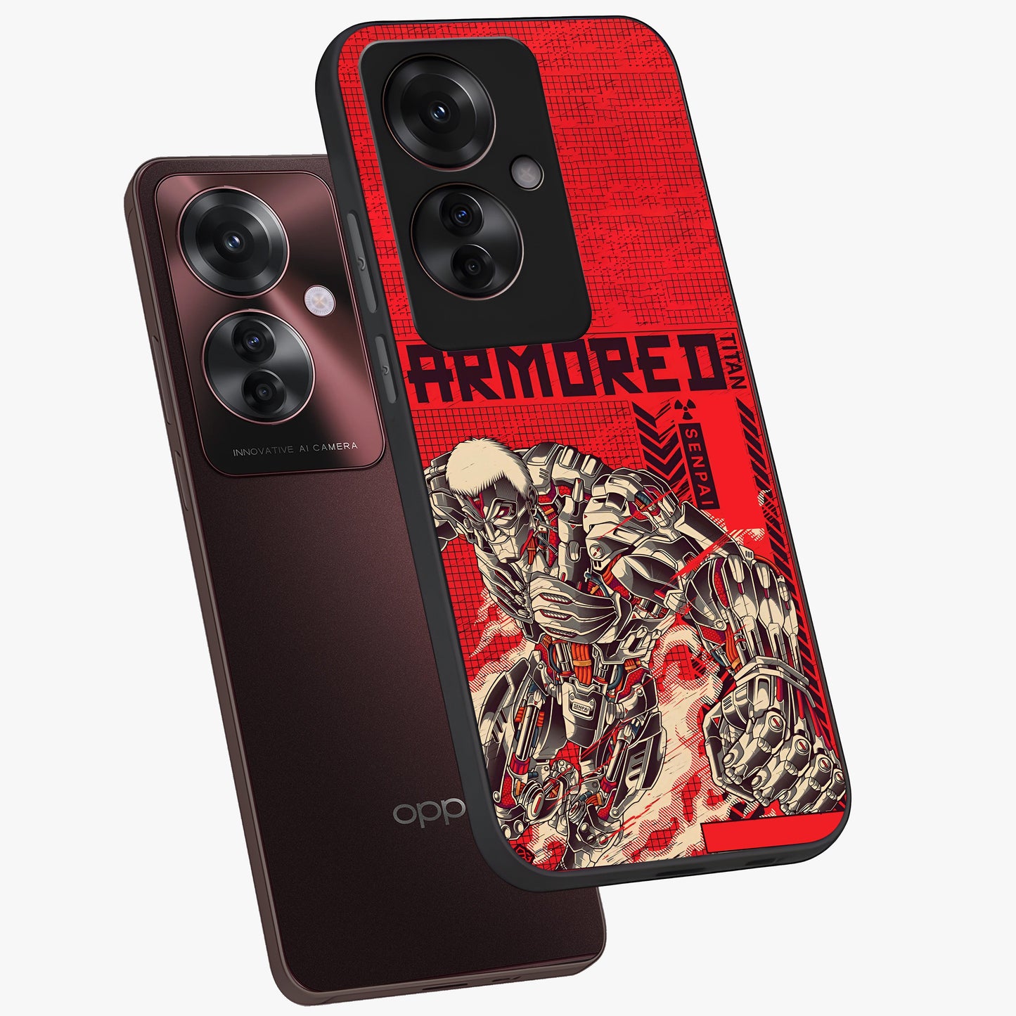Crimson Mecha Titan Glass Case displayed in angled mockup highlighting futuristic mech illustration with bold crimson aesthetic.