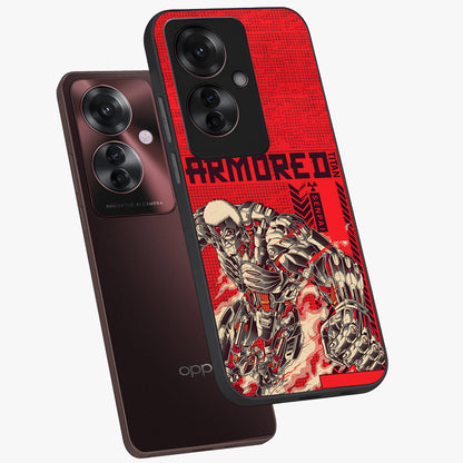 Crimson Mecha Titan Glass Case displayed in angled mockup highlighting futuristic mech illustration with bold crimson aesthetic.