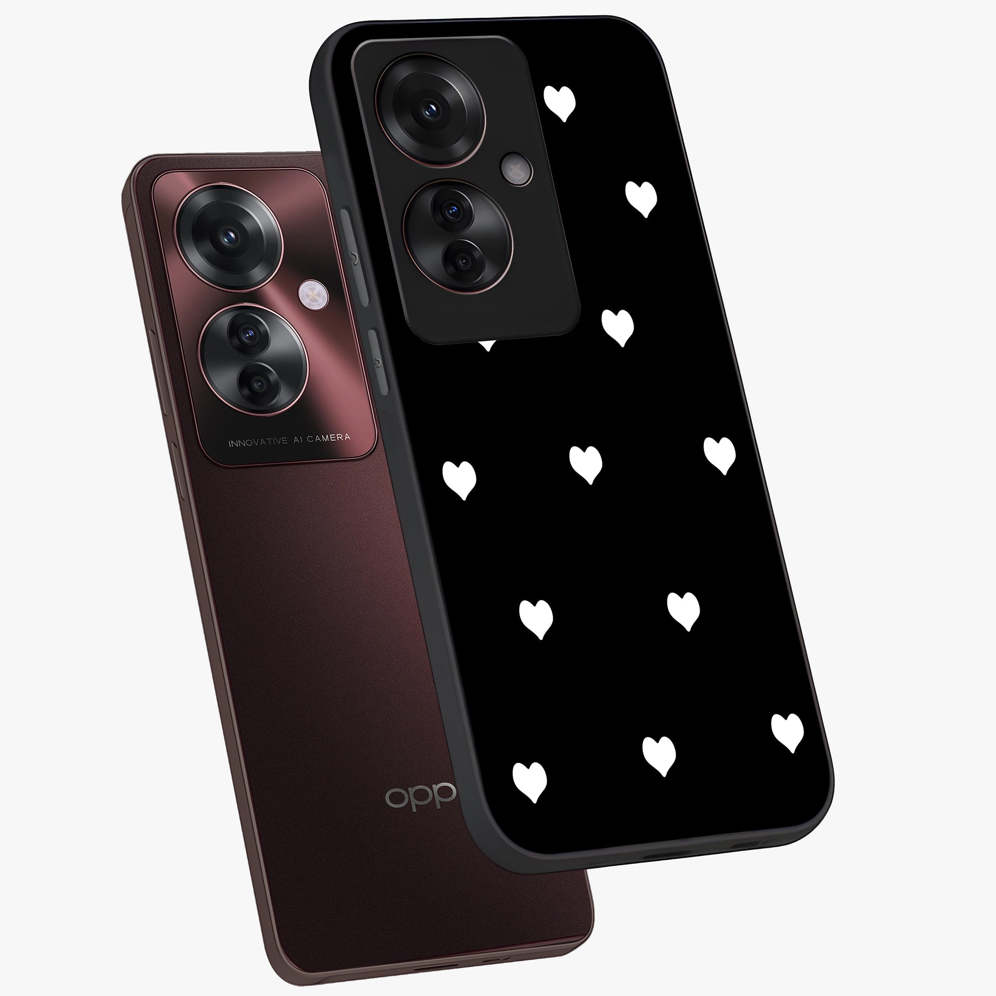 Cute And Simple White Hearts Glass Case displayed in angled mockup highlighting cute heart design with clean aesthetic style.